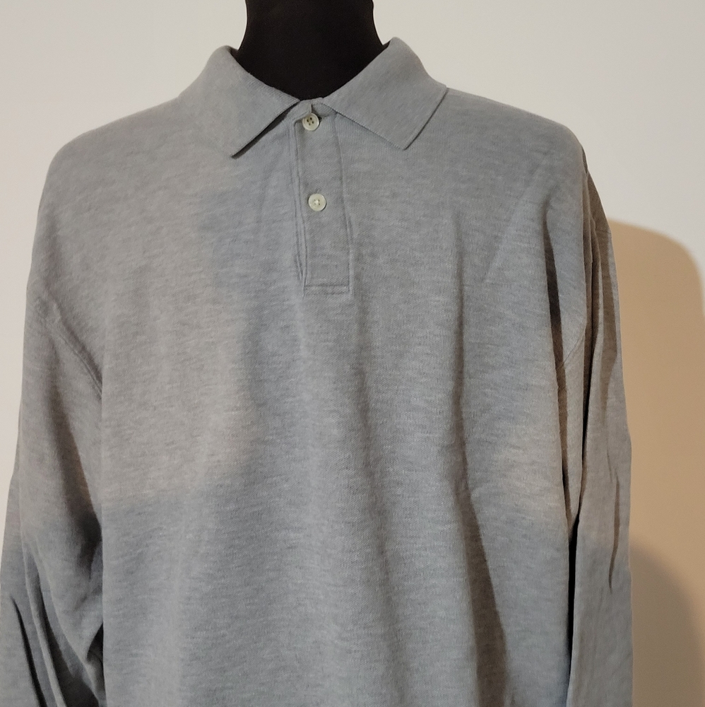 LL Bean Men's Gray Long Sleeve Polo Shirt Size Lar